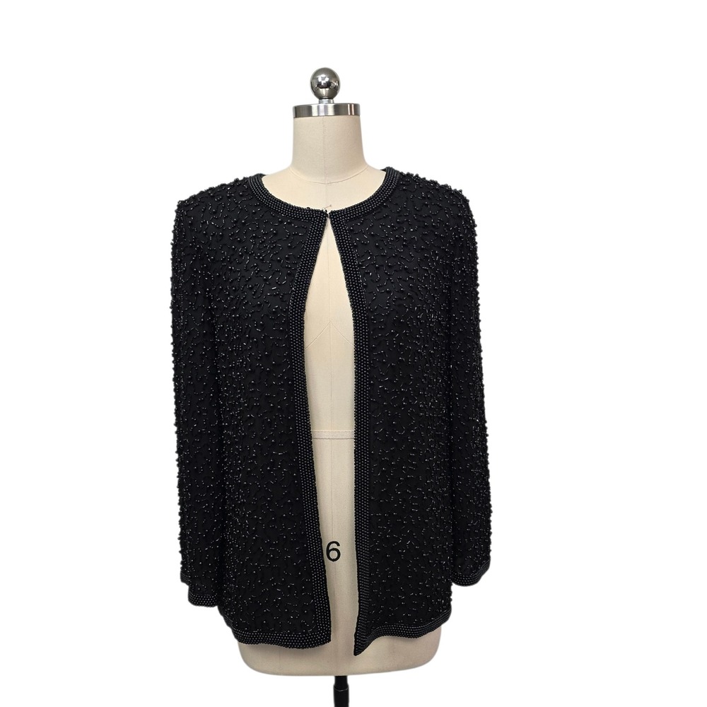 Cote d'Azur Evening Vintage Black Silk Beaded Sequin Jacket Blazer Small‎ (Flaw)